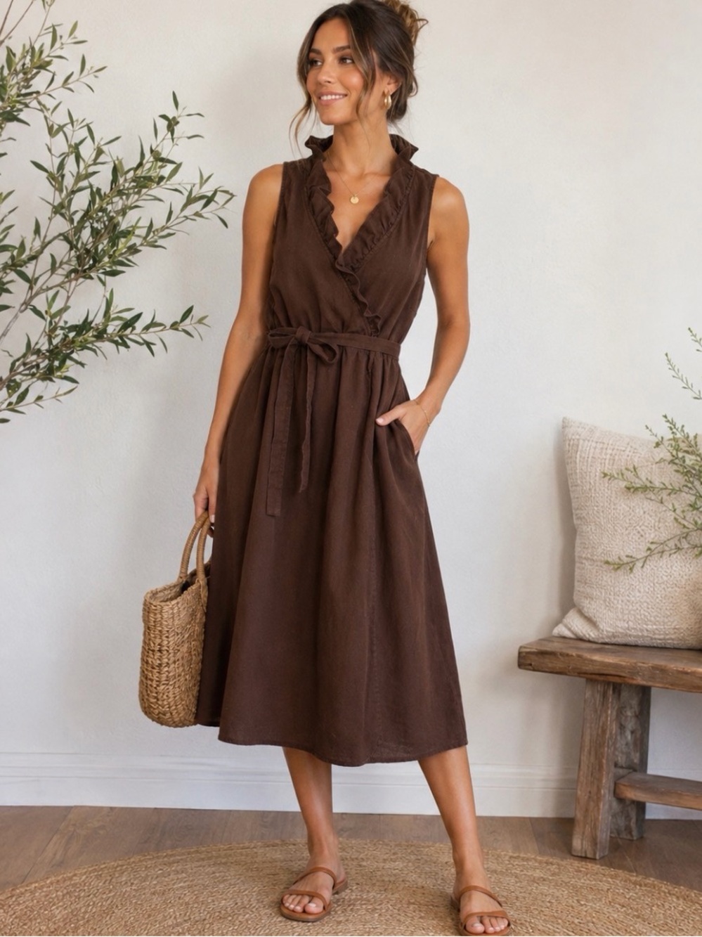 Old Navy Earthy Brown Linen/Cotton Ruffle Wrap Midi Dress XL Cottagecore Fall